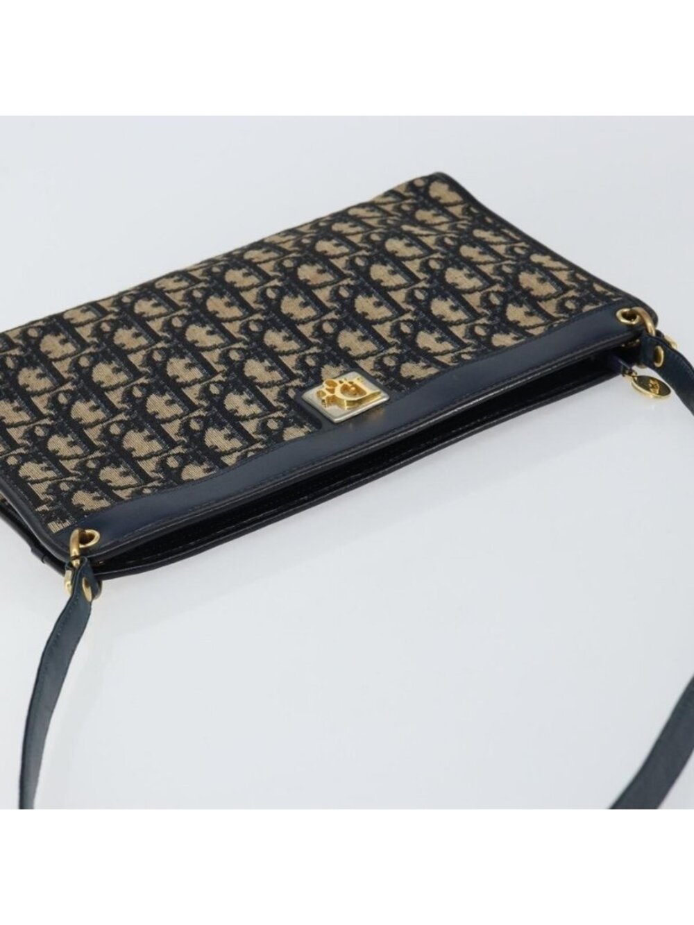 Authentic Christian Dior Trotter Canvas Shoulder Bag Navy Gold - Picture 13 of 16